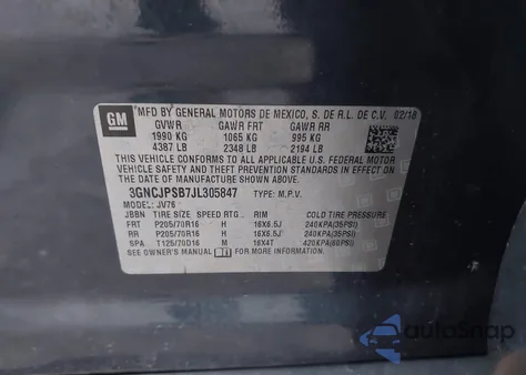 2018 Chevrolet Trax Lt из США, поврежденный, VIN 3GNCJPSB7JL305847